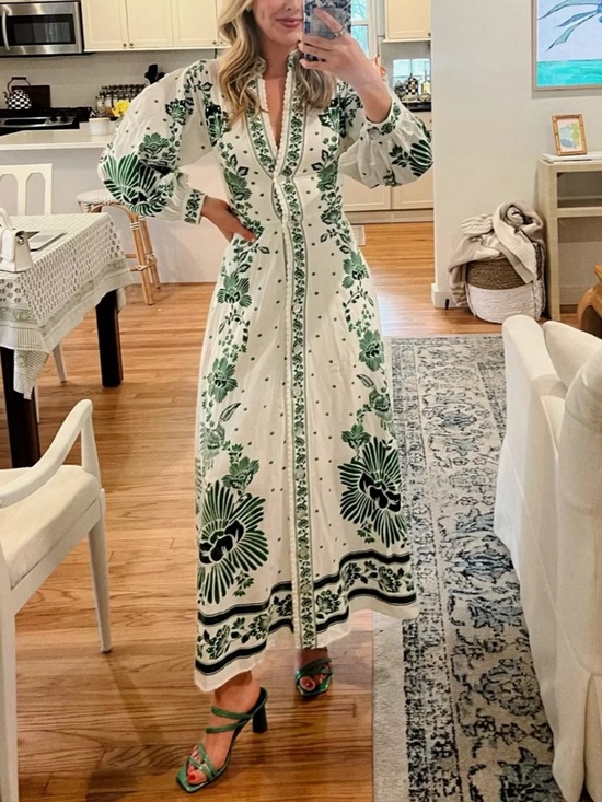 Magaschoni Dresses & Skirts - Magaschoni Green Floral Maxi Dress Button Front Influencer spring Favorite M